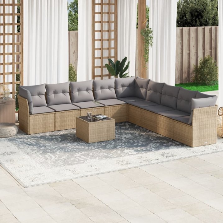 9-tlg. Garten-Sofagarnitur mit Kissen Schwarz Poly Rattan