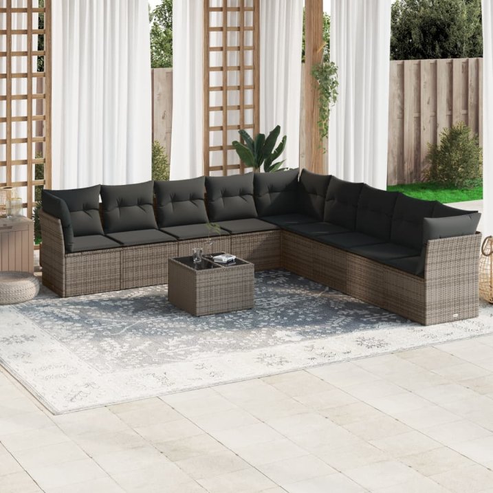 9-tlg. Garten-Sofagarnitur mit Kissen Schwarz Poly Rattan