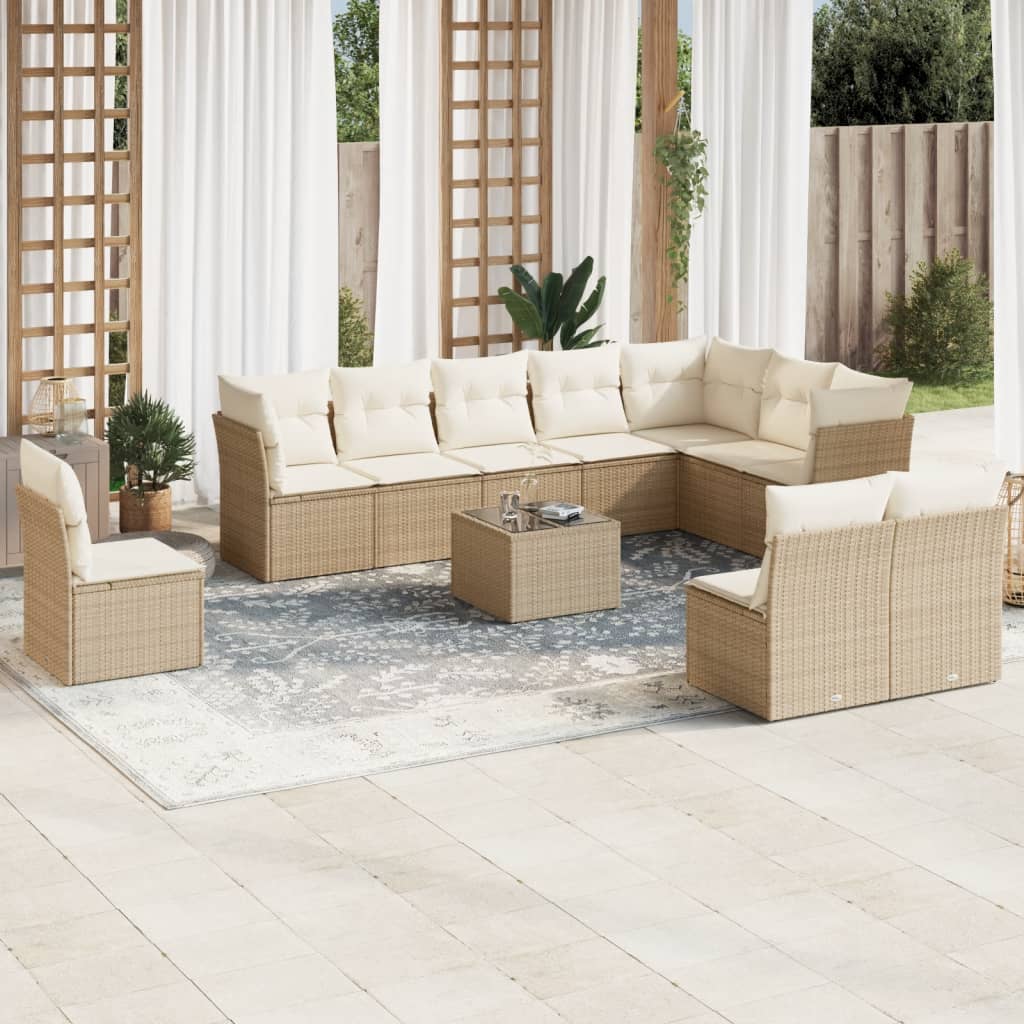vidaXL 10-tlg. Garten-Sofagarnitur mit Kissen Schwarz Poly Rattan