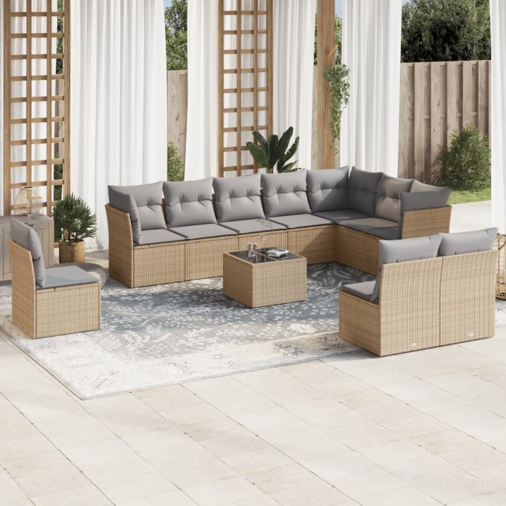 vidaXL 10-tlg. Garten-Sofagarnitur mit Kissen Schwarz Poly Rattan