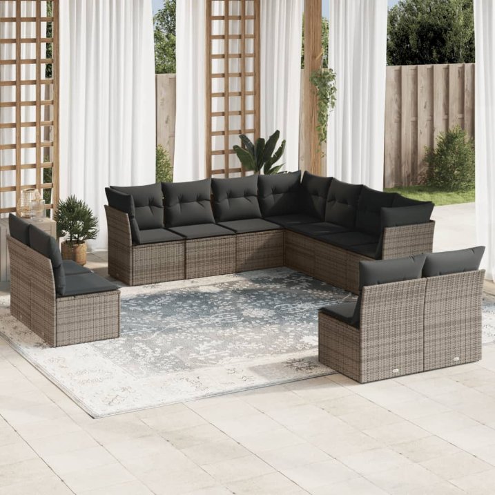 11-tlg. Garten-Sofagarnitur mit Kissen Schwarz Poly Rattan
