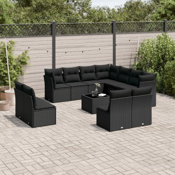 11-tlg. Garten-Sofagarnitur mit Kissen Schwarz Poly Rattan