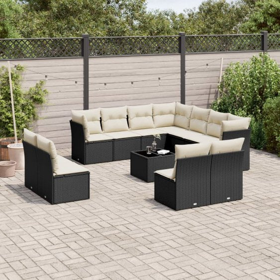 11-tlg. Garten-Sofagarnitur mit Kissen Schwarz Poly Rattan