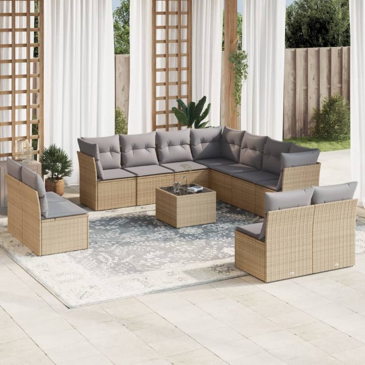 11-tlg. Garten-Sofagarnitur mit Kissen Schwarz Poly Rattan