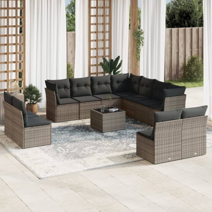 11-tlg. Garten-Sofagarnitur mit Kissen Schwarz Poly Rattan