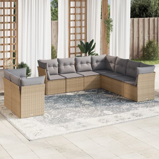 9-tlg. Garten-Sofagarnitur mit Kissen Schwarz Poly Rattan