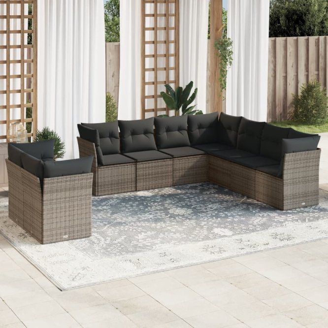 9-tlg. Garten-Sofagarnitur mit Kissen Schwarz Poly Rattan