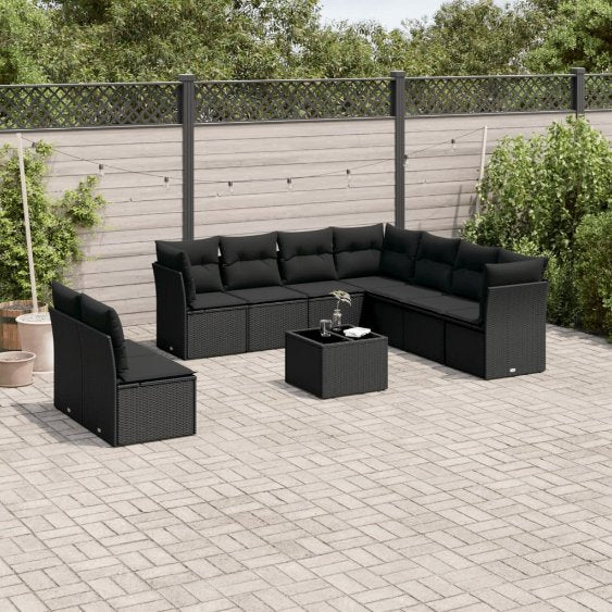 9-tlg. Garten-Sofagarnitur mit Kissen Schwarz Poly Rattan