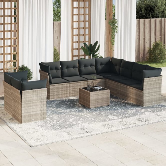 9-tlg. Garten-Sofagarnitur mit Kissen Schwarz Poly Rattan