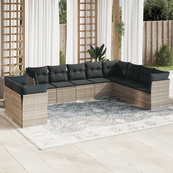 vidaXL 10-tlg. Garten-Sofagarnitur mit Kissen Schwarz Poly Rattan