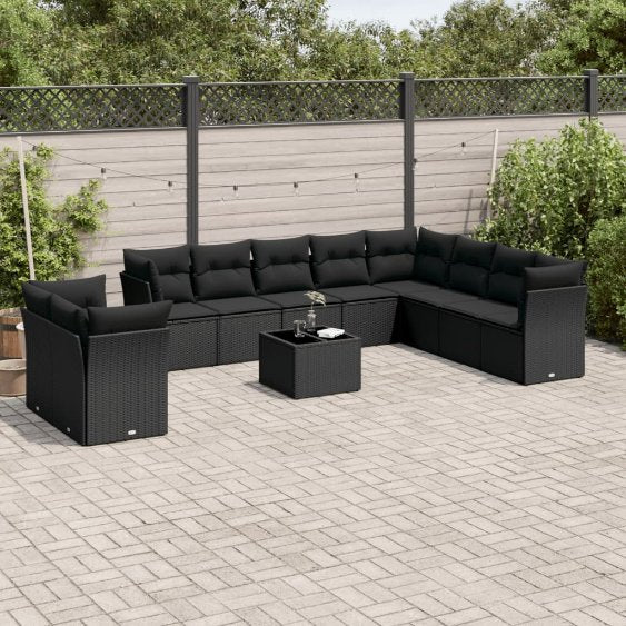 vidaXL 10-tlg. Garten-Sofagarnitur mit Kissen Schwarz Poly Rattan