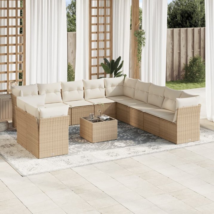 11-tlg. Garten-Sofagarnitur mit Kissen Schwarz Poly Rattan