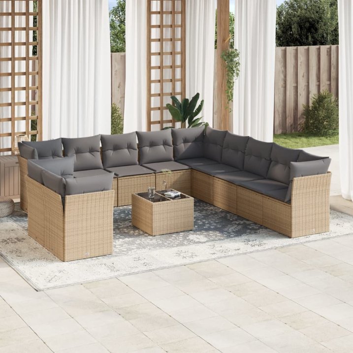 11-tlg. Garten-Sofagarnitur mit Kissen Schwarz Poly Rattan