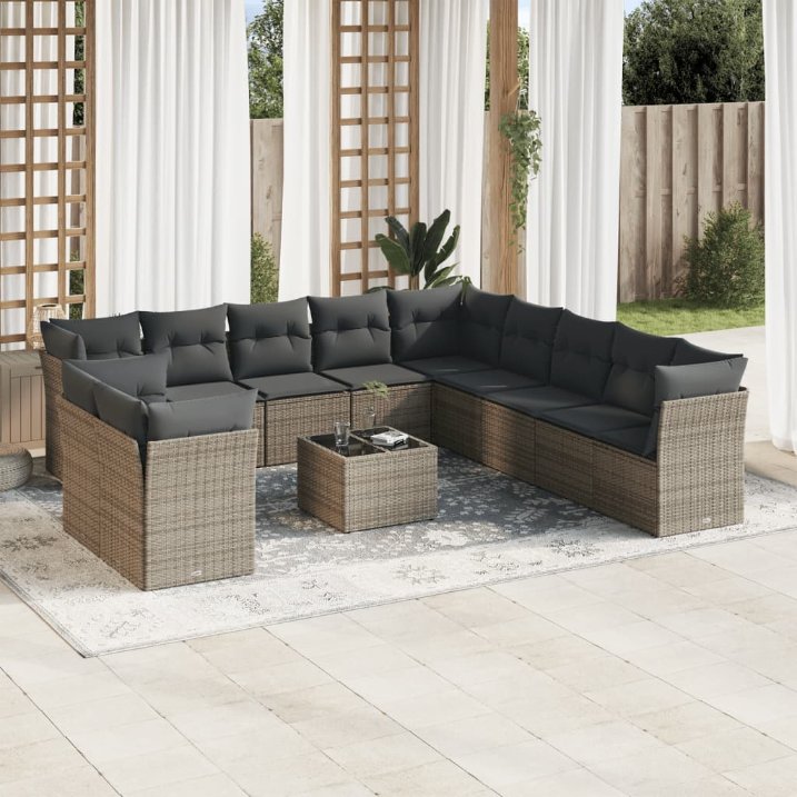 11-tlg. Garten-Sofagarnitur mit Kissen Schwarz Poly Rattan