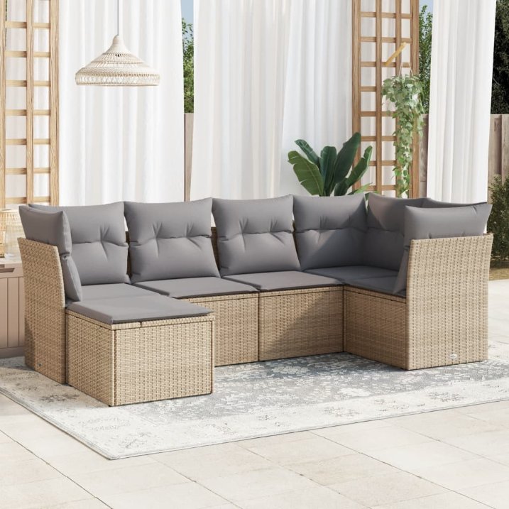 6-tlg. Garten-Sofagarnitur mit Kissen Schwarz Poly Rattan