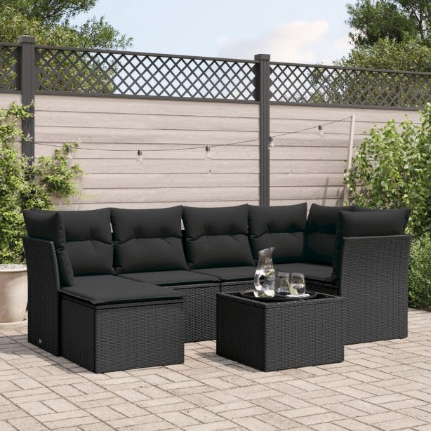 6-tlg. Garten-Sofagarnitur mit Kissen Schwarz Poly Rattan