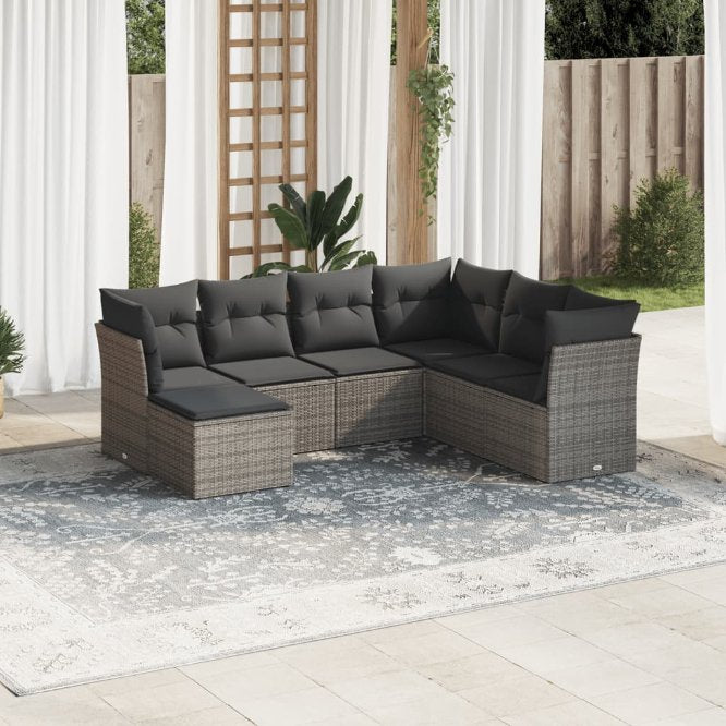 7-tlg. Garten-Sofagarnitur mit Kissen Schwarz Poly Rattan