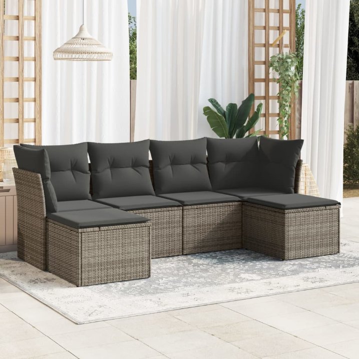 6-tlg. Garten-Sofagarnitur mit Kissen Schwarz Poly Rattan