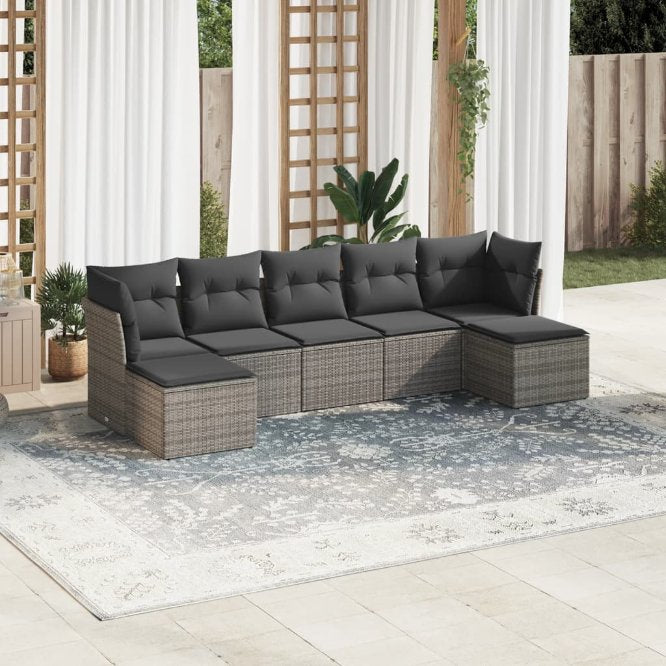 7-tlg. Garten-Sofagarnitur mit Kissen Schwarz Poly Rattan
