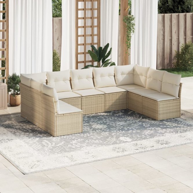 9-tlg. Garten-Sofagarnitur mit Kissen Schwarz Poly Rattan