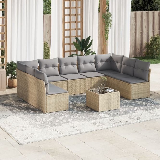 9-tlg. Garten-Sofagarnitur mit Kissen Schwarz Poly Rattan
