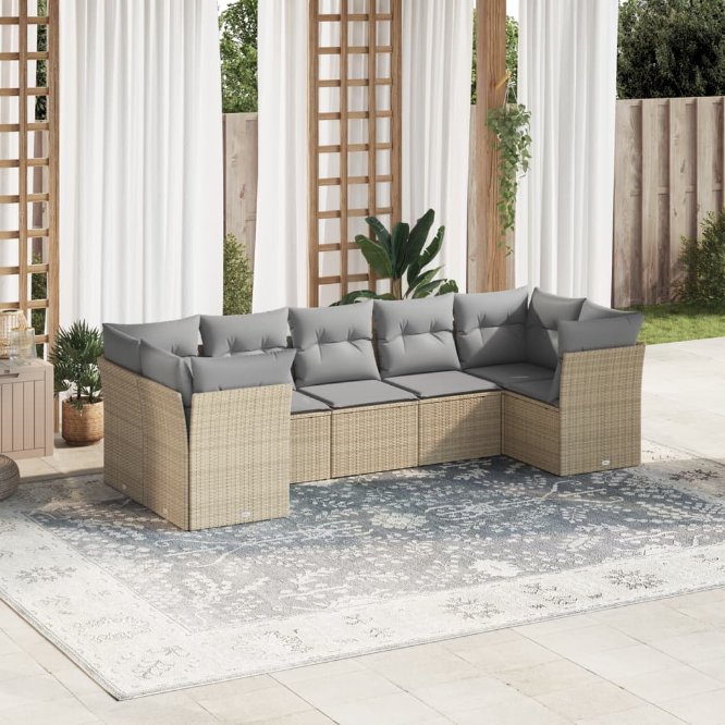 7-tlg. Garten-Sofagarnitur mit Kissen Schwarz Poly Rattan