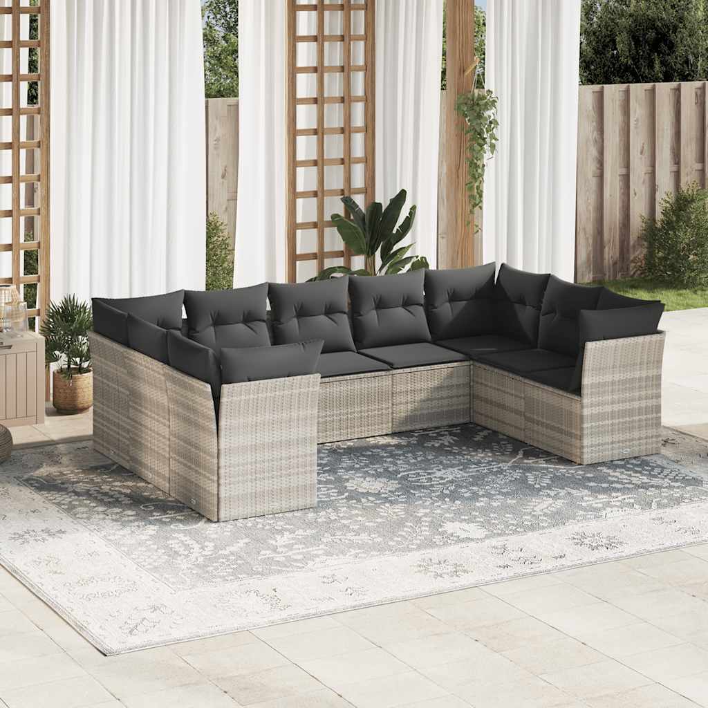 9-tlg. Garten-Sofagarnitur mit Kissen Schwarz Poly Rattan
