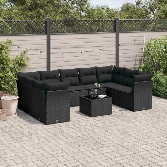 9-tlg. Garten-Sofagarnitur mit Kissen Schwarz Poly Rattan