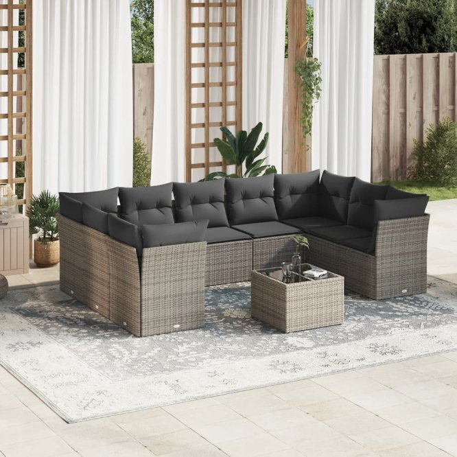 9-tlg. Garten-Sofagarnitur mit Kissen Schwarz Poly Rattan
