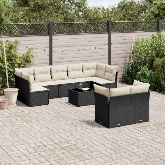 9-tlg. Garten-Sofagarnitur mit Kissen Schwarz Poly Rattan