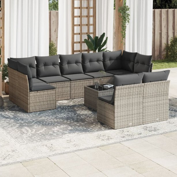 9-tlg. Garten-Sofagarnitur mit Kissen Schwarz Poly Rattan