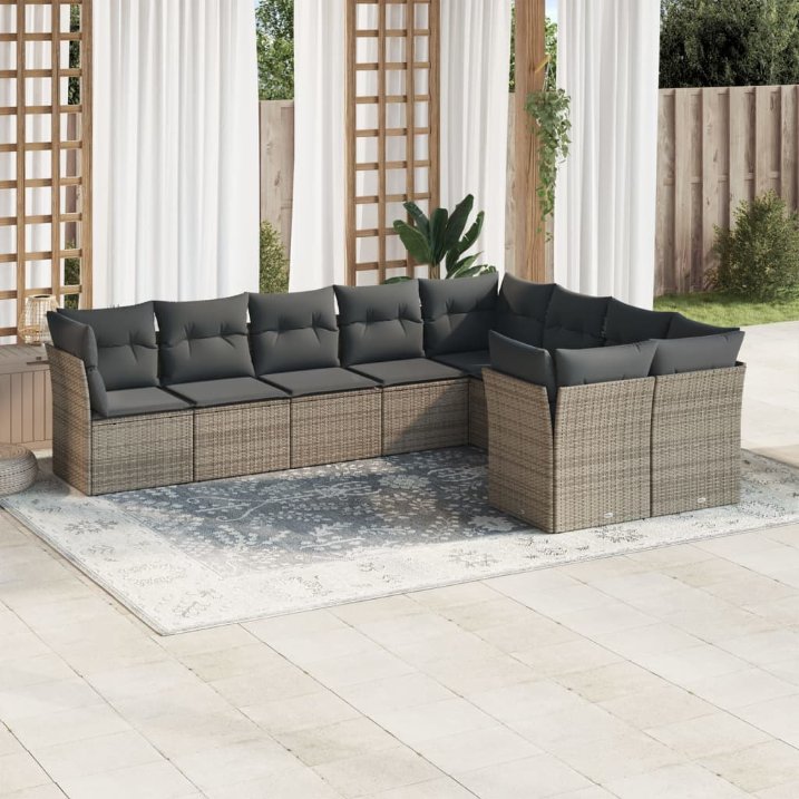 9-tlg. Garten-Sofagarnitur mit Kissen Schwarz Poly Rattan