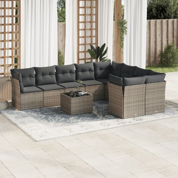 9-tlg. Garten-Sofagarnitur mit Kissen Schwarz Poly Rattan