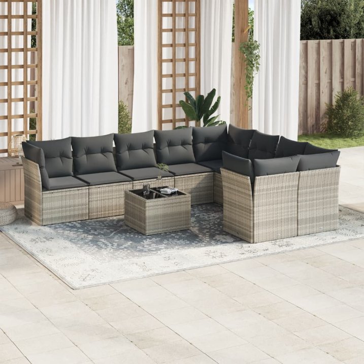 9-tlg. Garten-Sofagarnitur mit Kissen Schwarz Poly Rattan