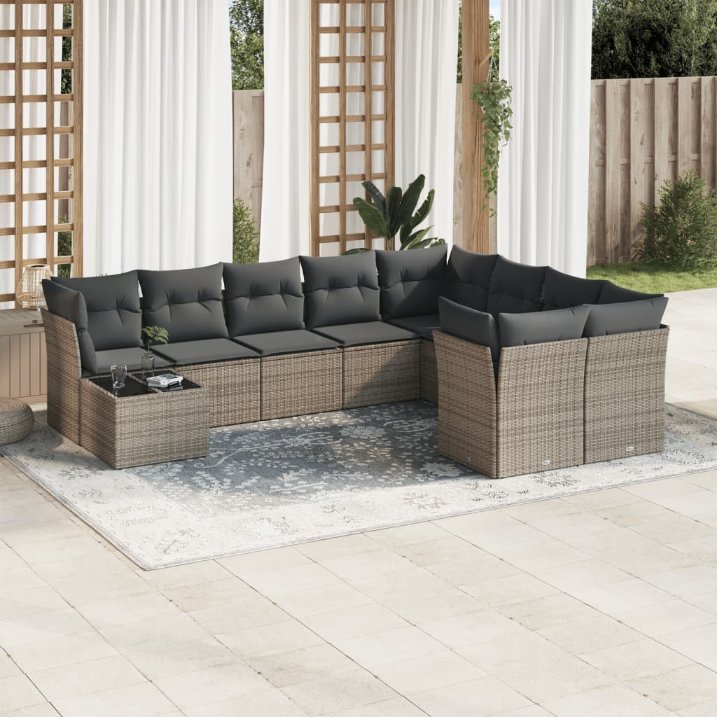 vidaXL 10-tlg. Garten-Sofagarnitur mit Kissen Schwarz Poly Rattan