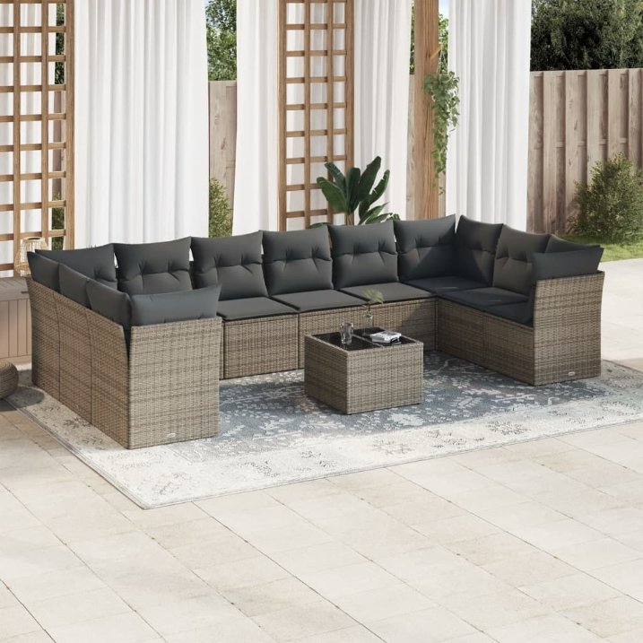 vidaXL 10-tlg. Garten-Sofagarnitur mit Kissen Schwarz Poly Rattan