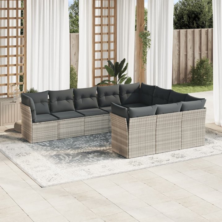vidaXL 10-tlg. Garten-Sofagarnitur mit Kissen Schwarz Poly Rattan
