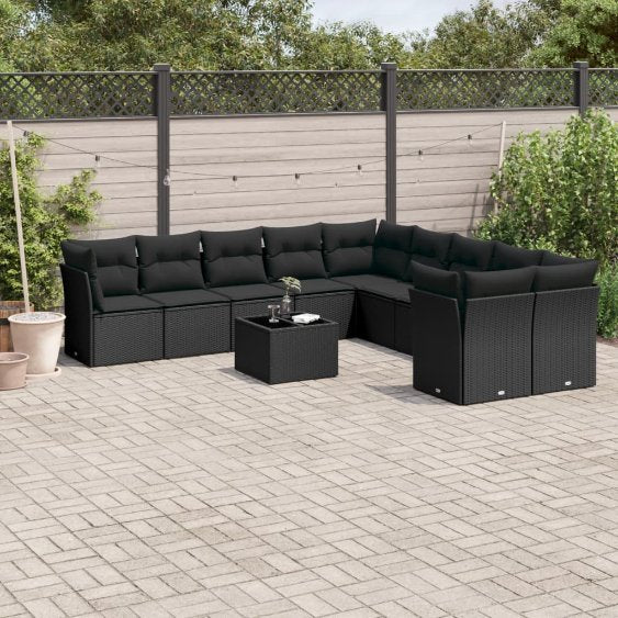 vidaXL 10-tlg. Garten-Sofagarnitur mit Kissen Schwarz Poly Rattan