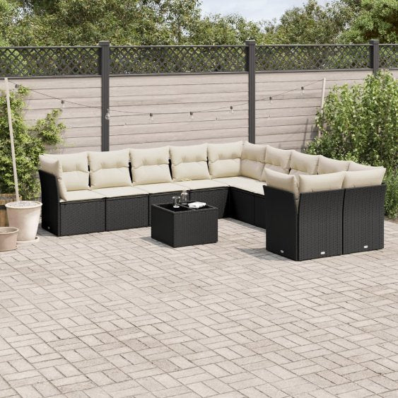 vidaXL 10-tlg. Garten-Sofagarnitur mit Kissen Schwarz Poly Rattan