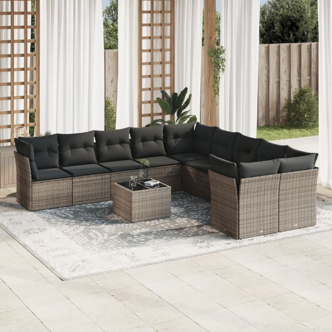 vidaXL 10-tlg. Garten-Sofagarnitur mit Kissen Schwarz Poly Rattan