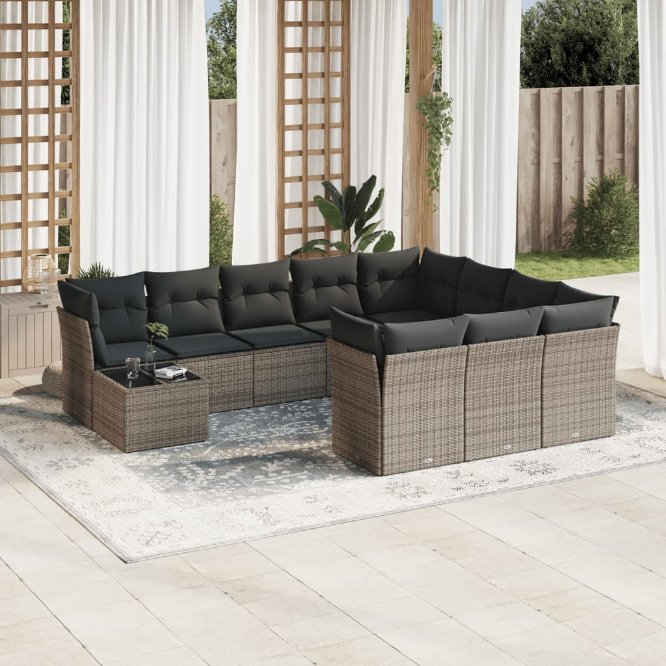 11-tlg. Garten-Sofagarnitur mit Kissen Schwarz Poly Rattan