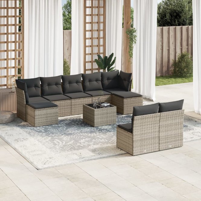 9-tlg. Garten-Sofagarnitur mit Kissen Schwarz Poly Rattan