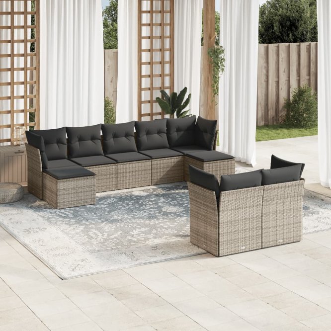 9-tlg. Garten-Sofagarnitur mit Kissen Schwarz Poly Rattan