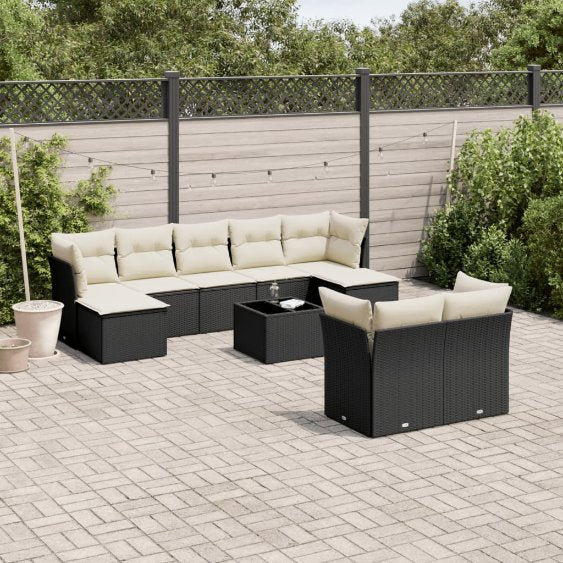 9-tlg. Garten-Sofagarnitur mit Kissen Schwarz Poly Rattan