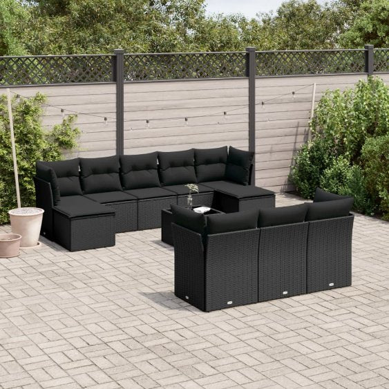 vidaXL 10-tlg. Garten-Sofagarnitur mit Kissen Schwarz Poly Rattan