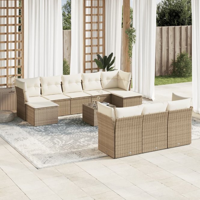 vidaXL 10-tlg. Garten-Sofagarnitur mit Kissen Schwarz Poly Rattan