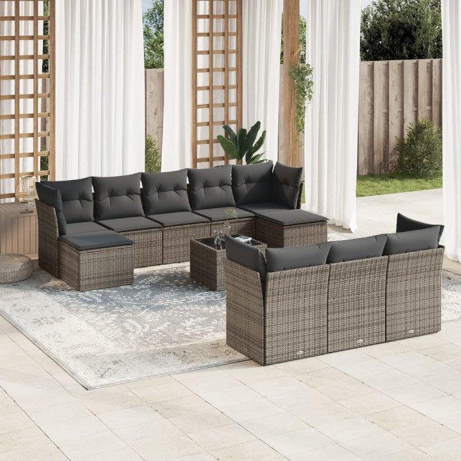 vidaXL 10-tlg. Garten-Sofagarnitur mit Kissen Schwarz Poly Rattan
