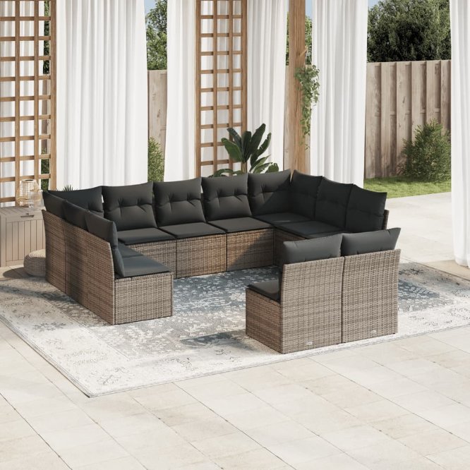11-tlg. Garten-Sofagarnitur mit Kissen Schwarz Poly Rattan