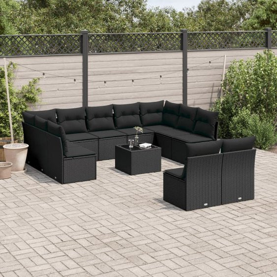 11-tlg. Garten-Sofagarnitur mit Kissen Schwarz Poly Rattan