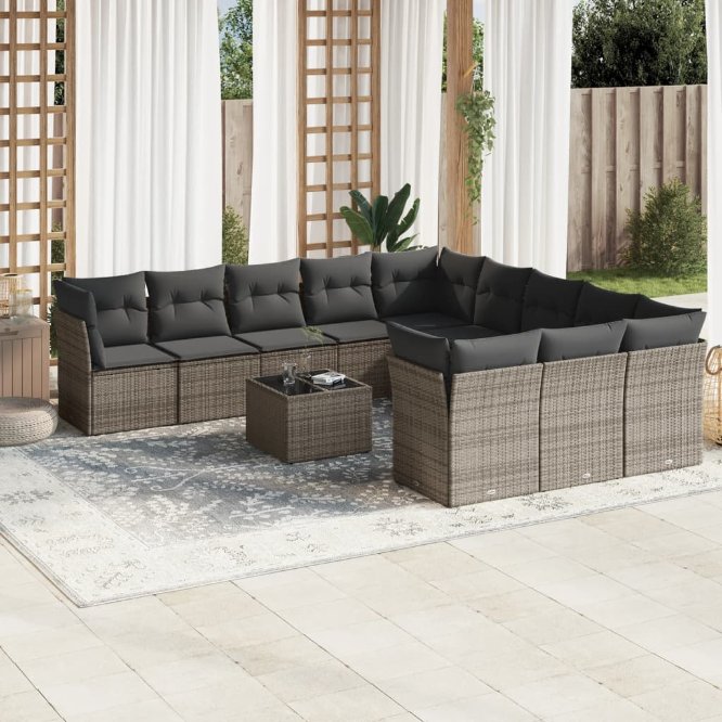 11-tlg. Garten-Sofagarnitur mit Kissen Schwarz Poly Rattan